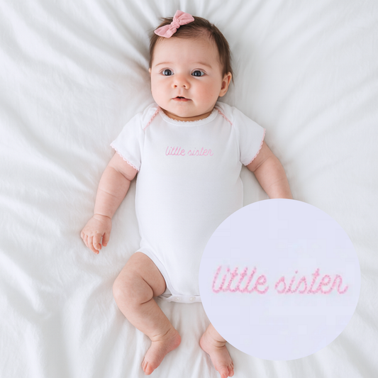 Little Sister Embroidered in Pink Bodysuit