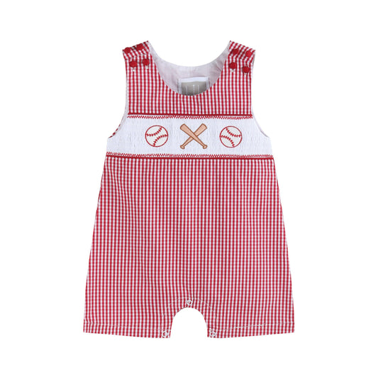 Red Gingham Baseball Boys Smocked Shortalls