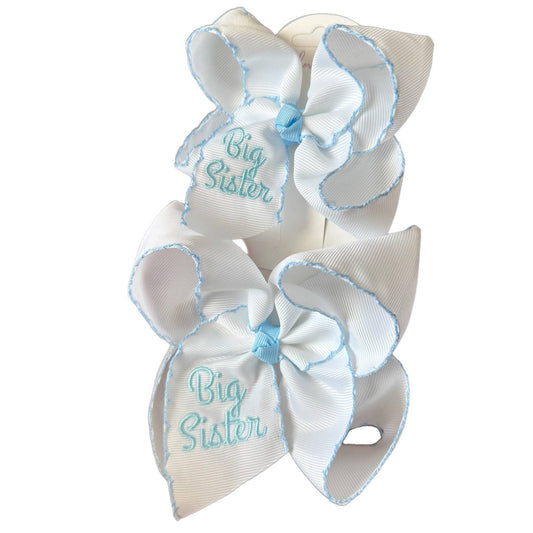 Big Sister Embroidered Moonstitch Hair Bow: Blue / 5.5 inch