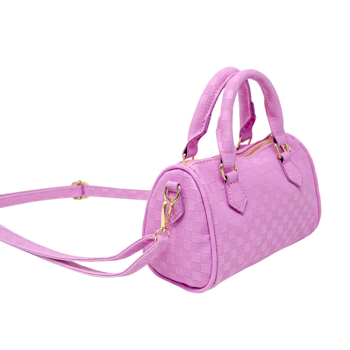 Girls Checkered Canvas Duffle Handbag: Lavender/Pink