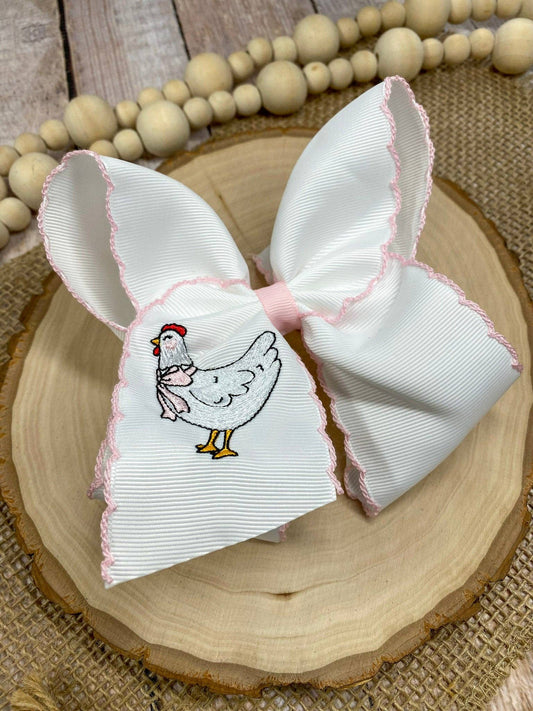 Chicken Embroidered Moonstitch Hair Bow