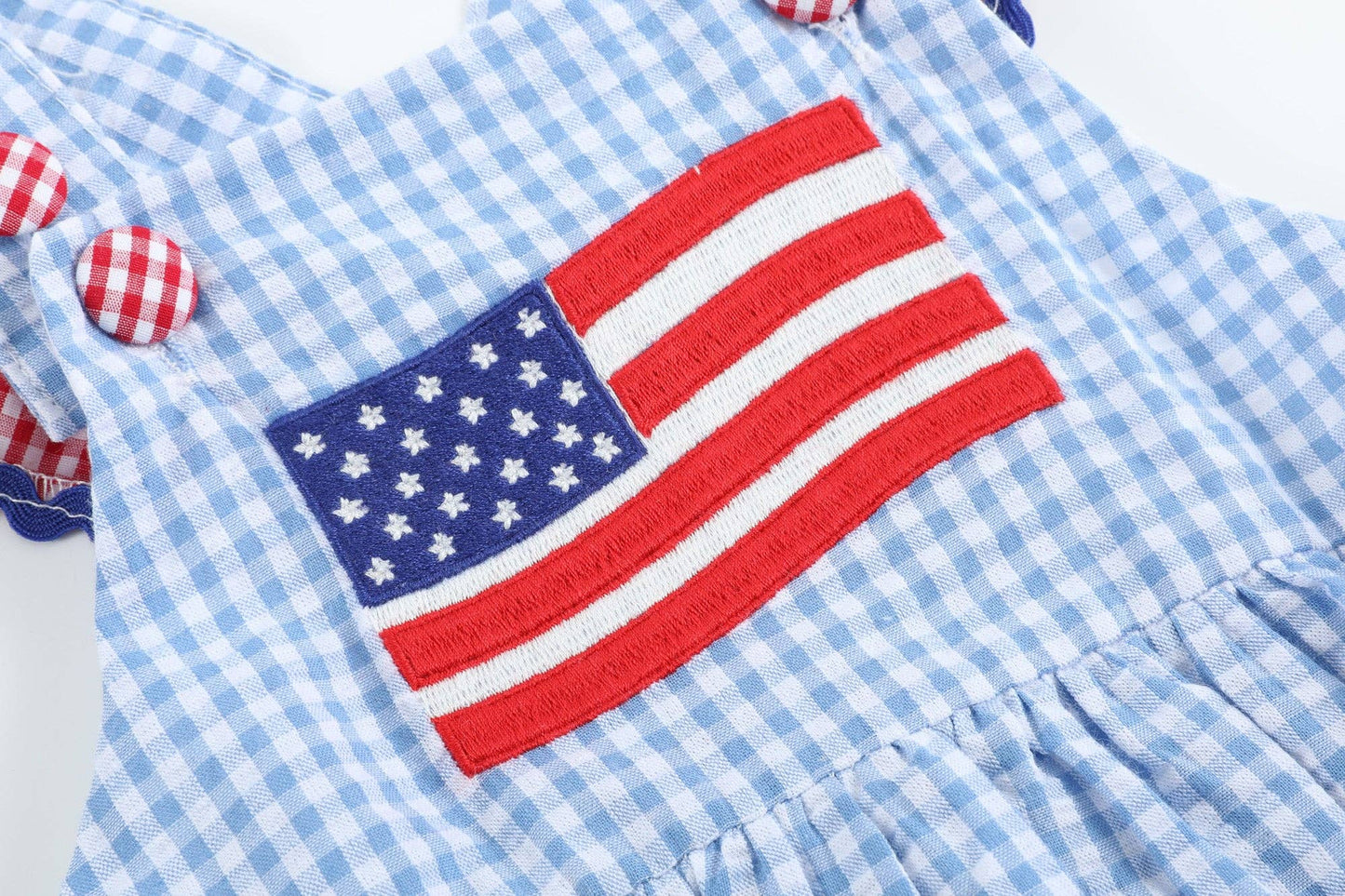Light Blue and Red Gingham USA Flag Ruffled Romper