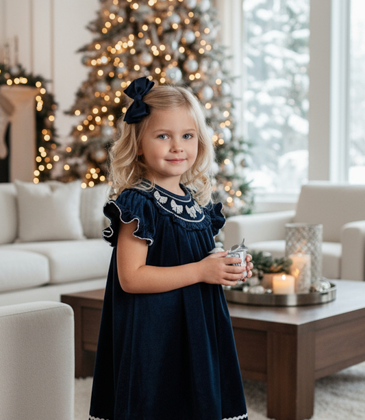 Blue Velvet Silver Bows Smocked Ruffle Bishop Dress