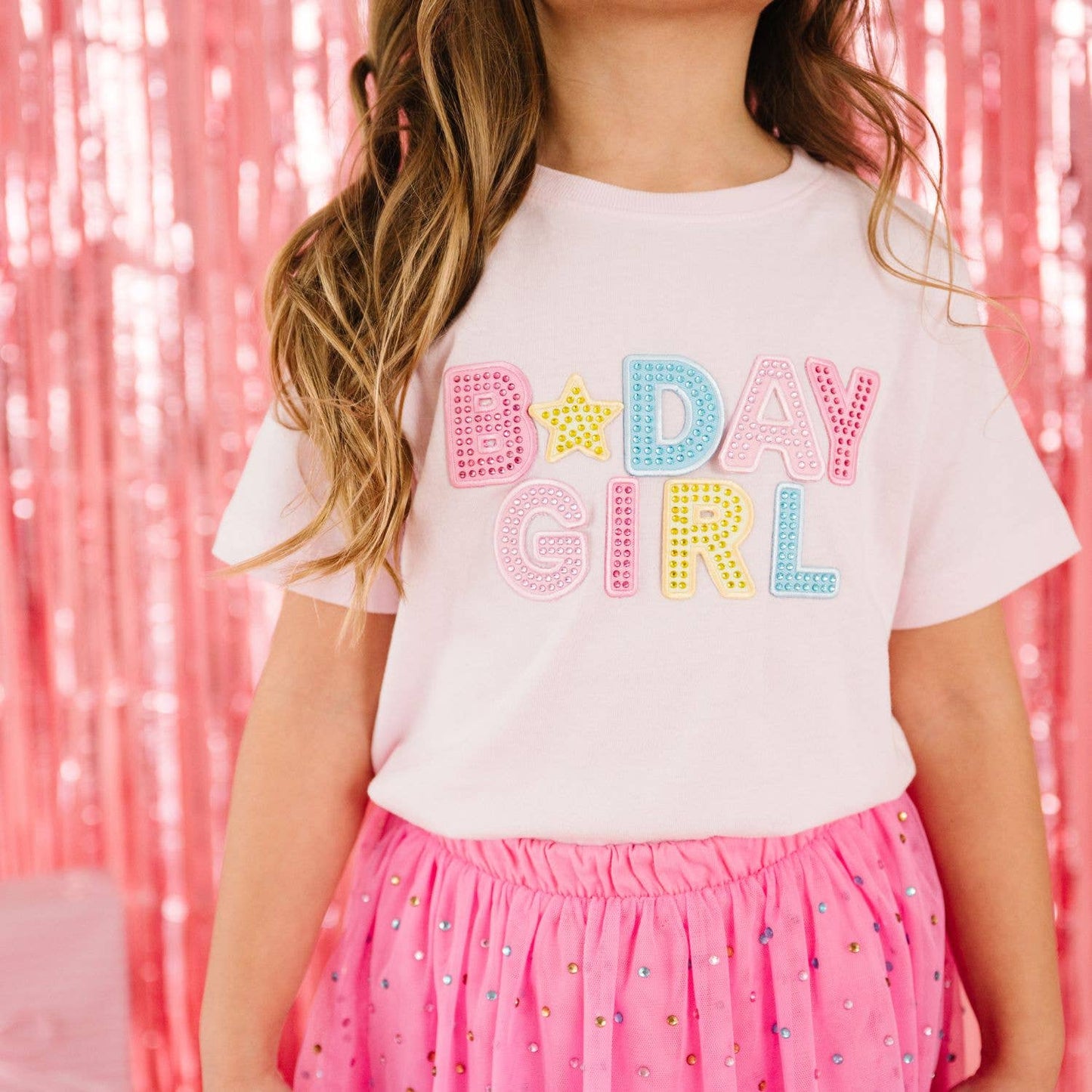 Birthday Girl Rhinestone Patch Short Sleeve Girls T-Shirt