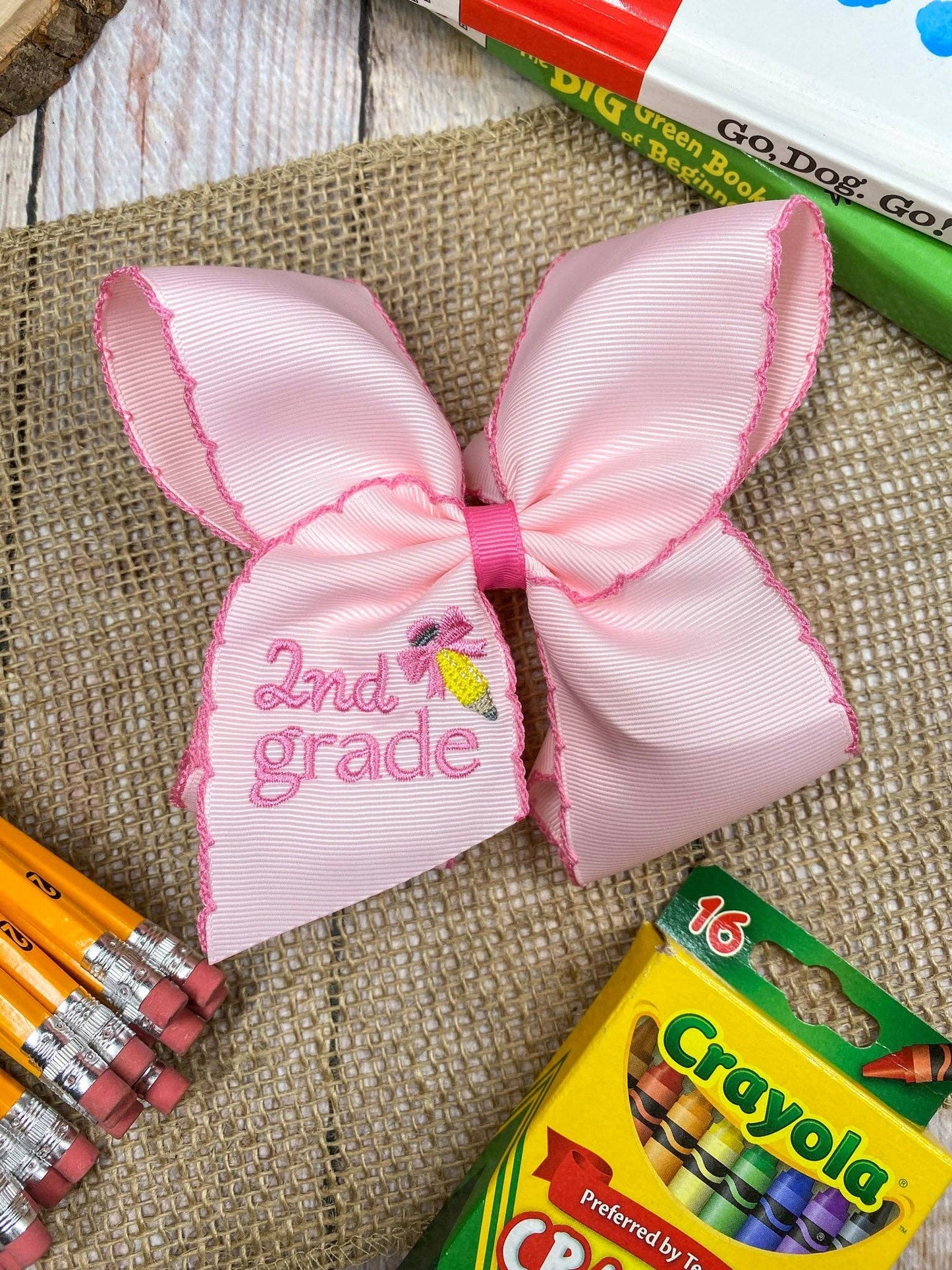 Pink Kinder School Grade Embroidered Moonstitch Hair Bow: Kindergarten