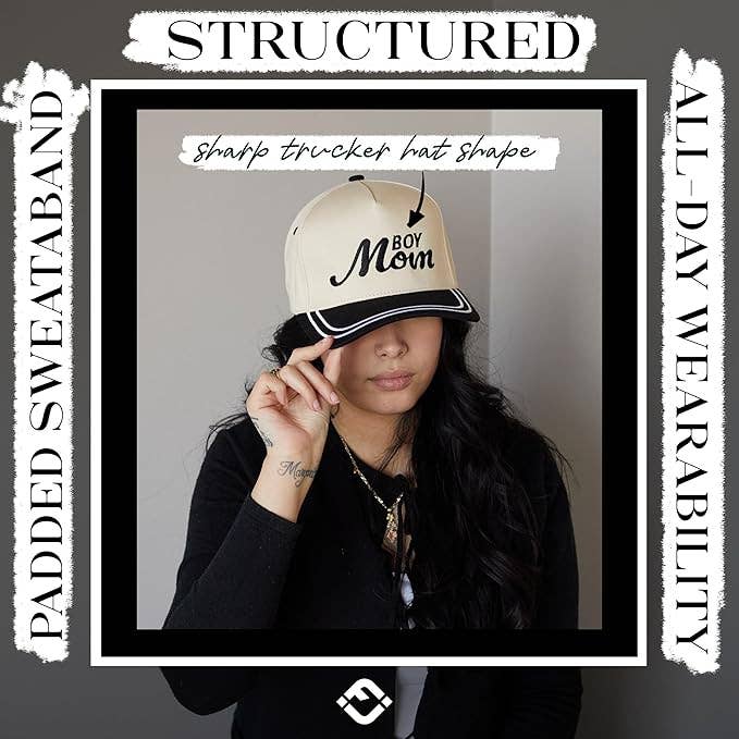 Embroidered Brim Trucker Hat - Boy Mom - Black/Beige