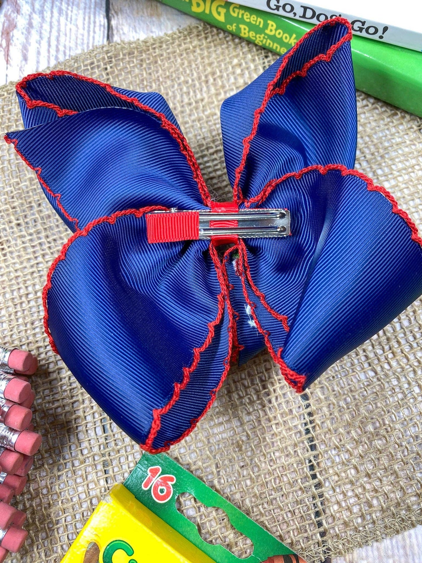 Navy Pre-K School Grade Embroidered Apple Moonstitch Hair Bow: Pre-K