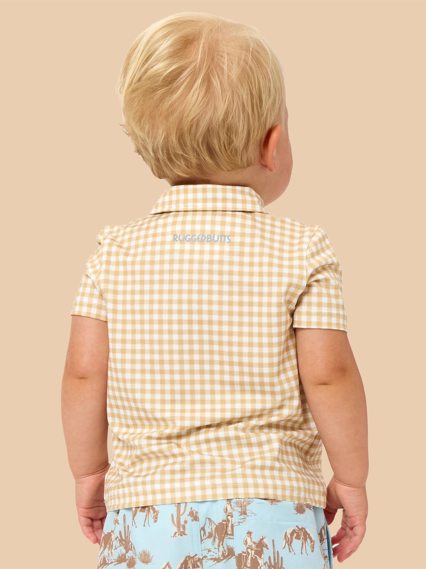Boys Khaki Gingham Knit Short Sleeve Performance Polo