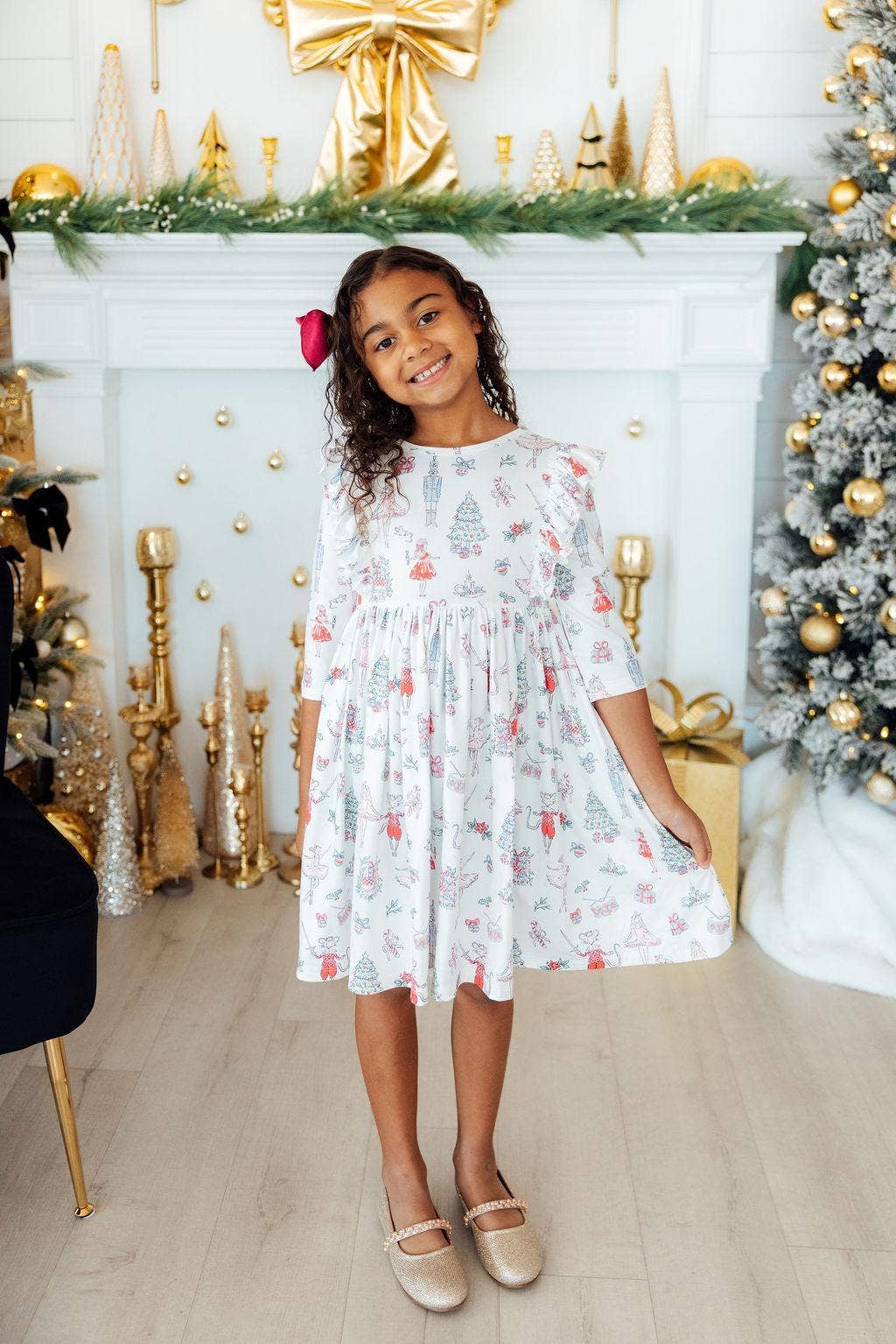 Clara's Christmas 3/4 Sleeve Ruffle Twirl Dress White