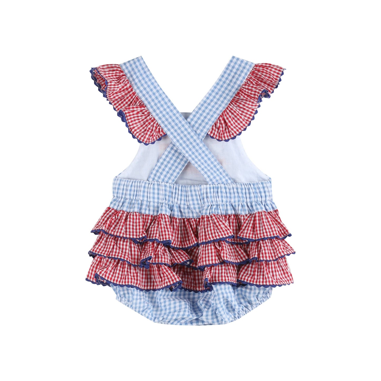 Light Blue and Red Gingham USA Flag Ruffled Romper