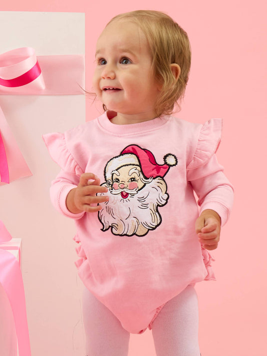 Baby Girls Pink Santa Joy Applique Sweatshirt Bubble Romper with Signature Rear Ruffles: Pink
