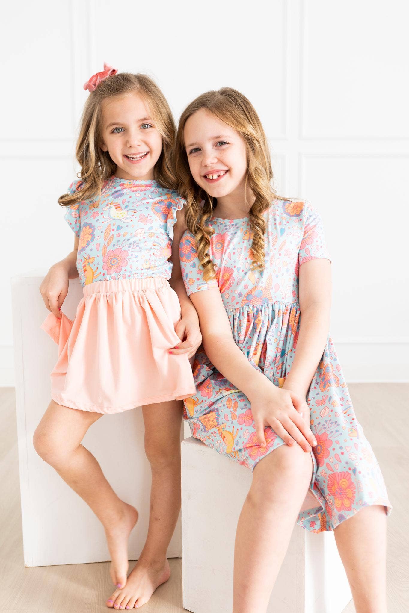 Blue and Pink Retro Unicorns Girls Pocket Twirl Dress