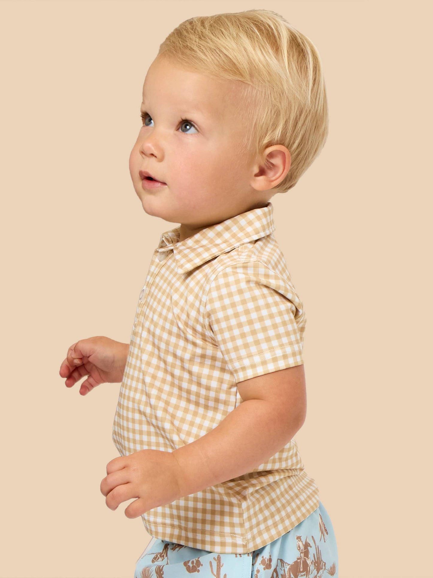 Boys Khaki Gingham Knit Short Sleeve Performance Polo