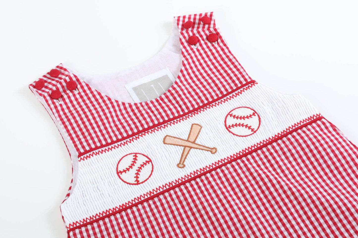 Red Gingham Baseball Boys Smocked Shortalls