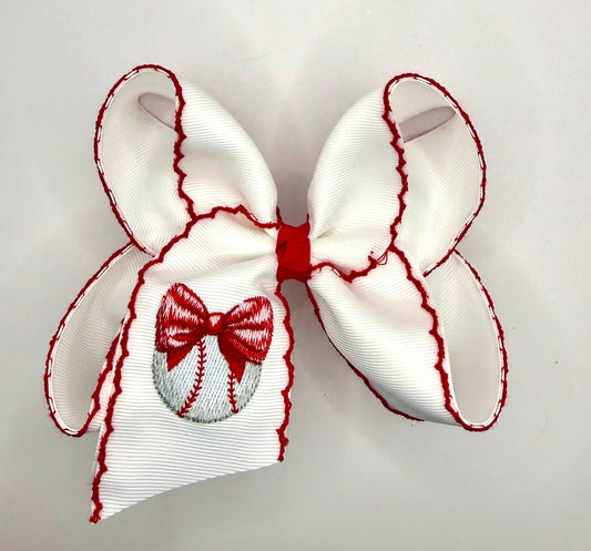 Baseball Red Bow Moonstitch Hairbow