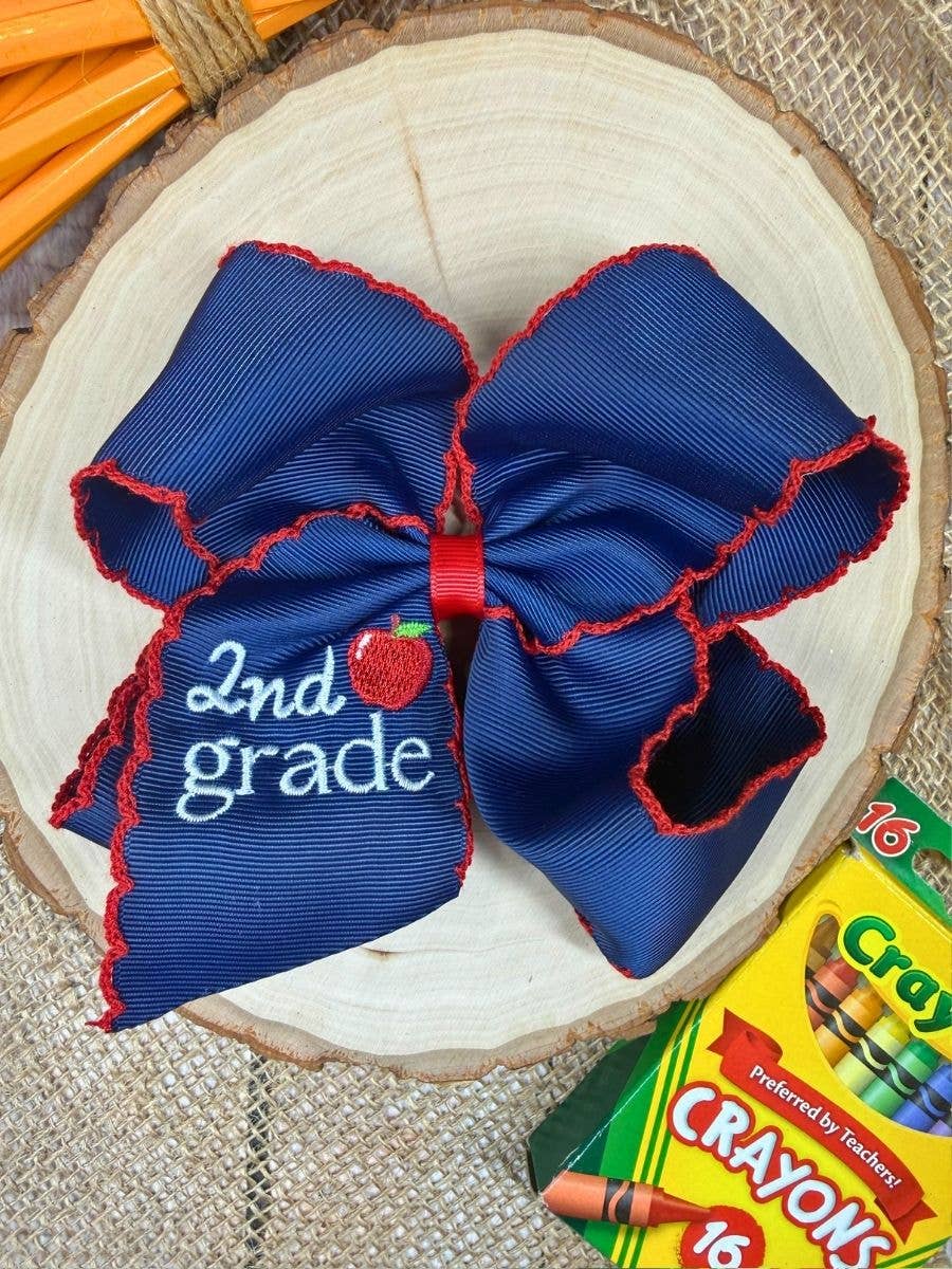 Navy Kinder Grade Embroidered Apple Moonstitch Hair Bow: Kindergarten