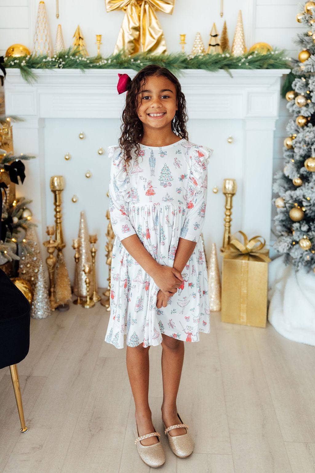 Clara's Christmas 3/4 Sleeve Ruffle Twirl Dress White