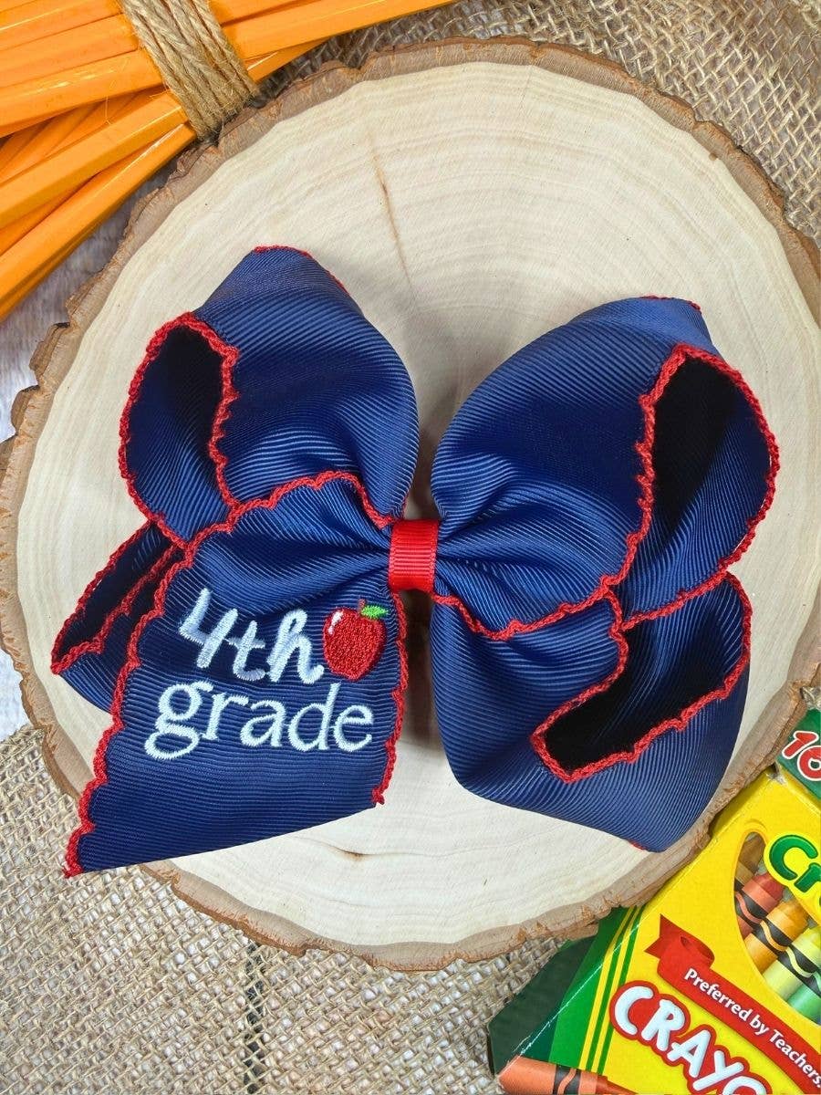 Navy First Grade Embroidered Apple Moonstitch Hair Bow: 1st Grade