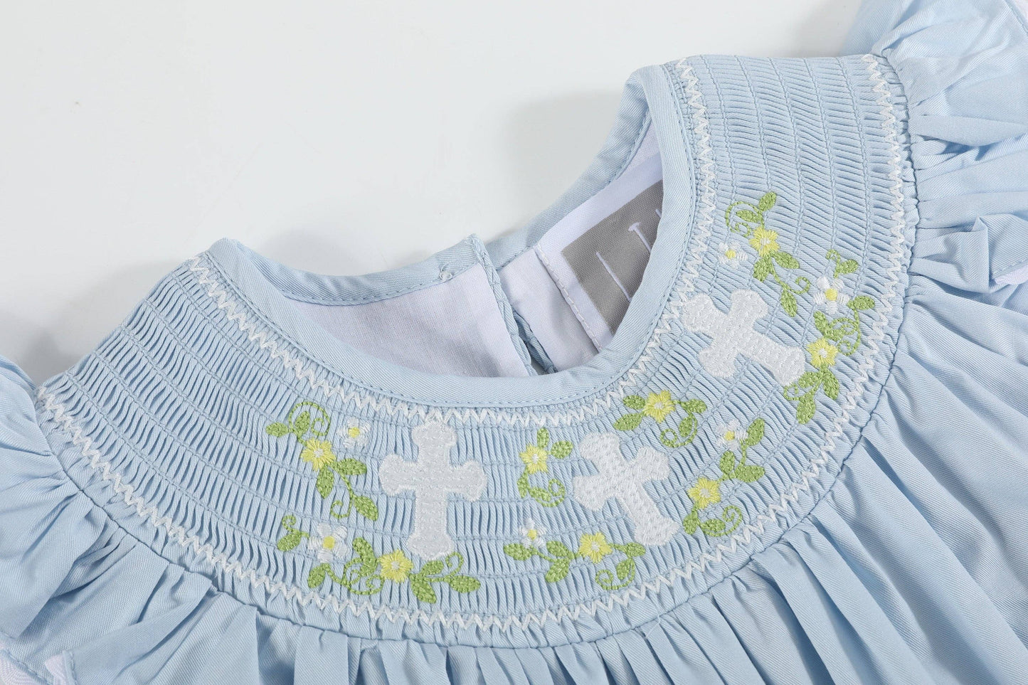 Blue Floral Crosses Smocked Bishop Girls Dress