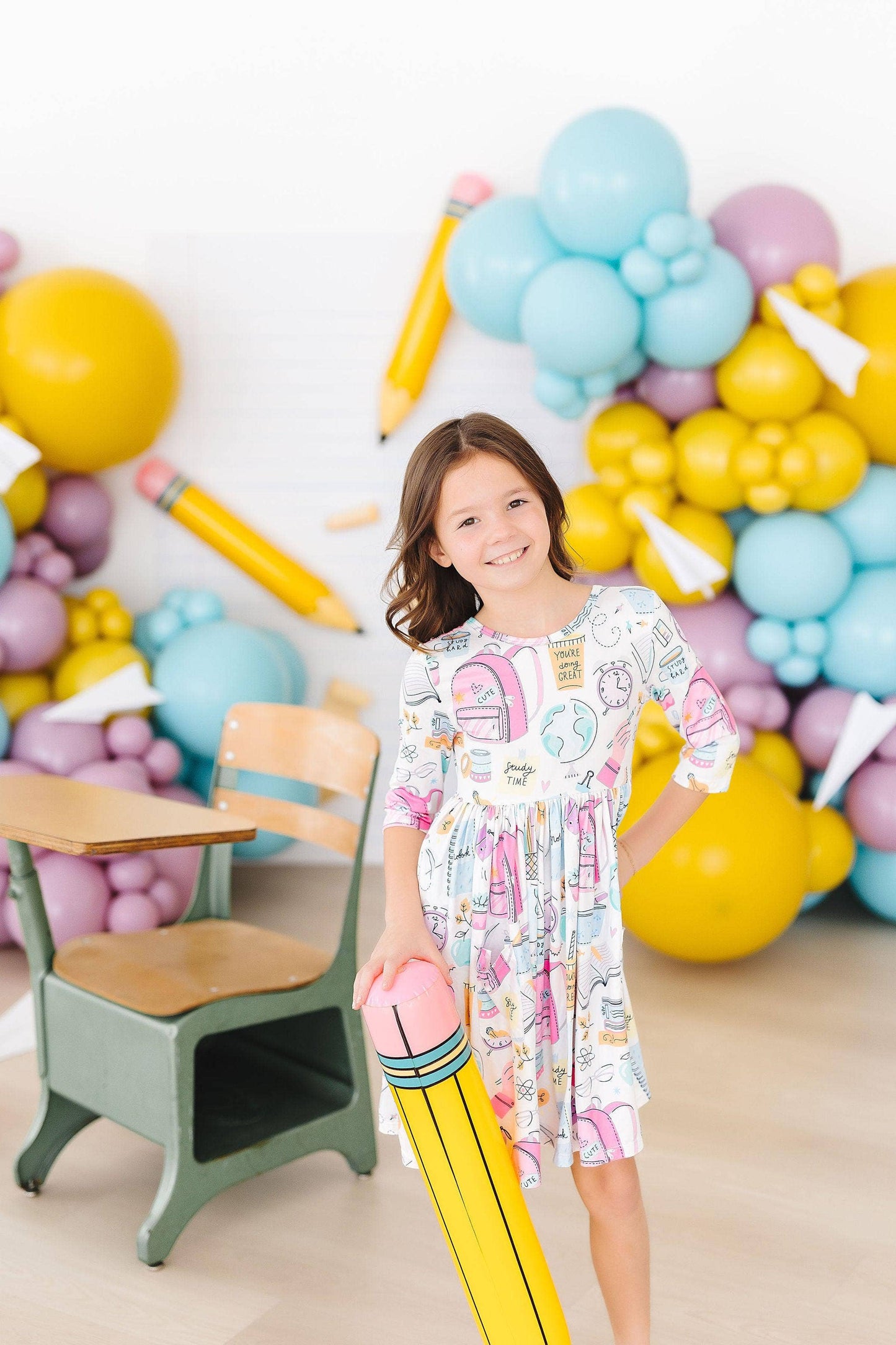 School is Cool 3/4 Sleeve Girls Pocket Twirl Dress
