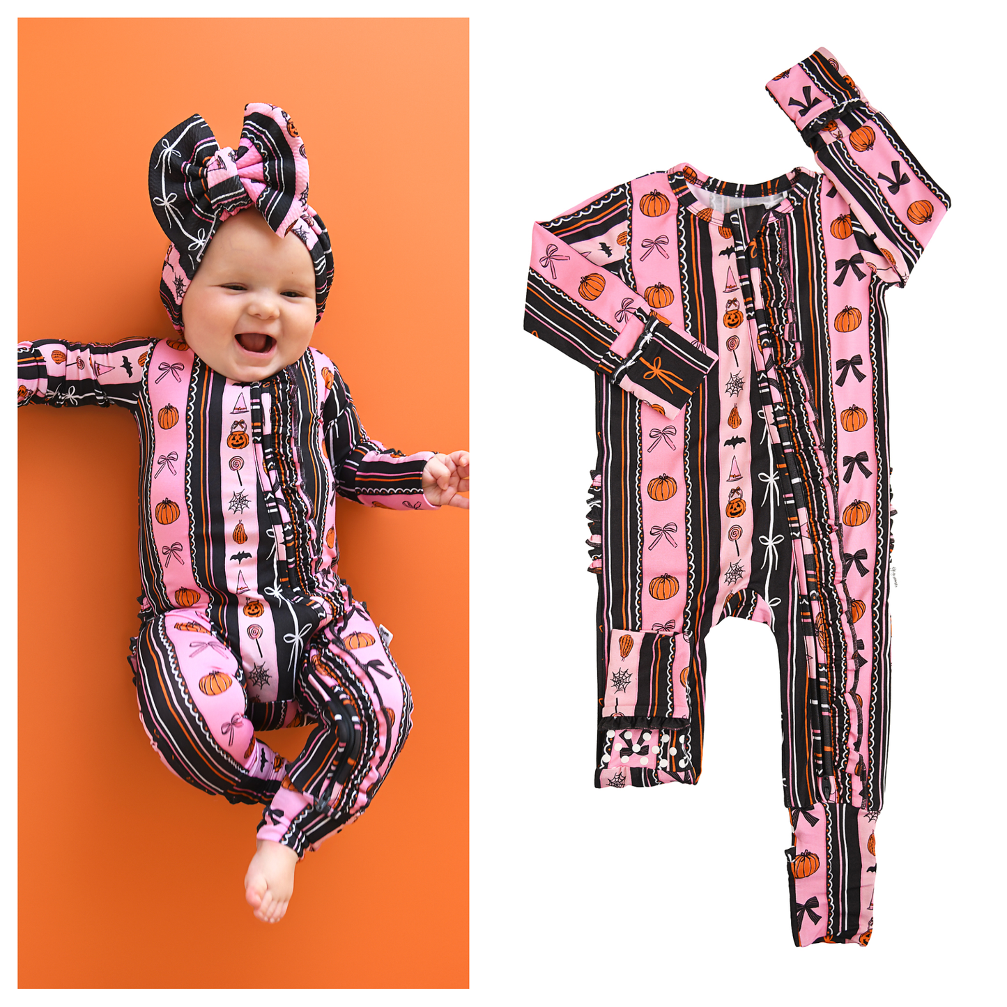 Ruffle Zippy Bamboo Halloween Pumpkins Baby Pajamas