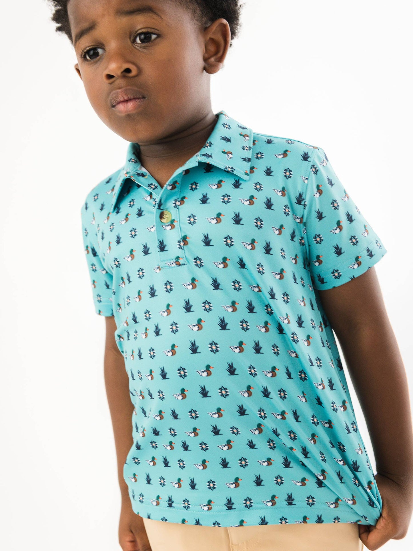 Boys Dapper Ducks Knit Short Sleeve Blue Performance Polo