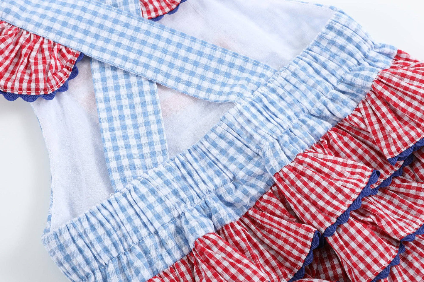 Light Blue and Red Gingham USA Flag Ruffled Romper