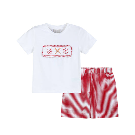 Baseball Smocked Red Gingham Boys Short Set