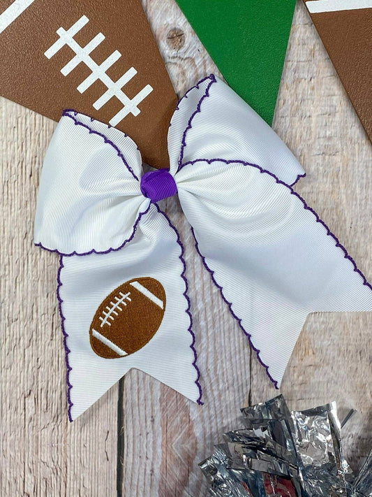 Football Embroidered Moonstitch Cheer Bows: Purple/White