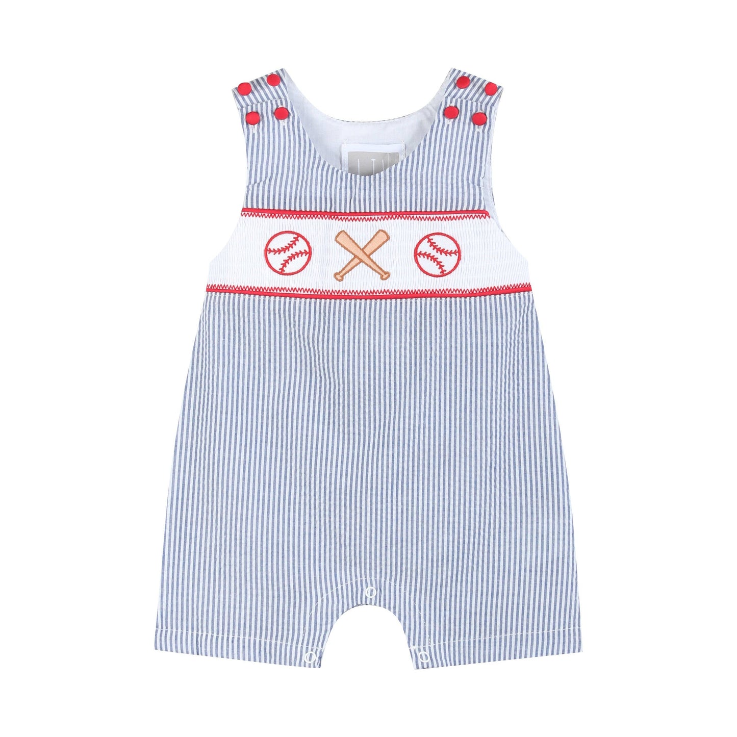 Boys Blue Seersucker Baseball Smocked Shortalls