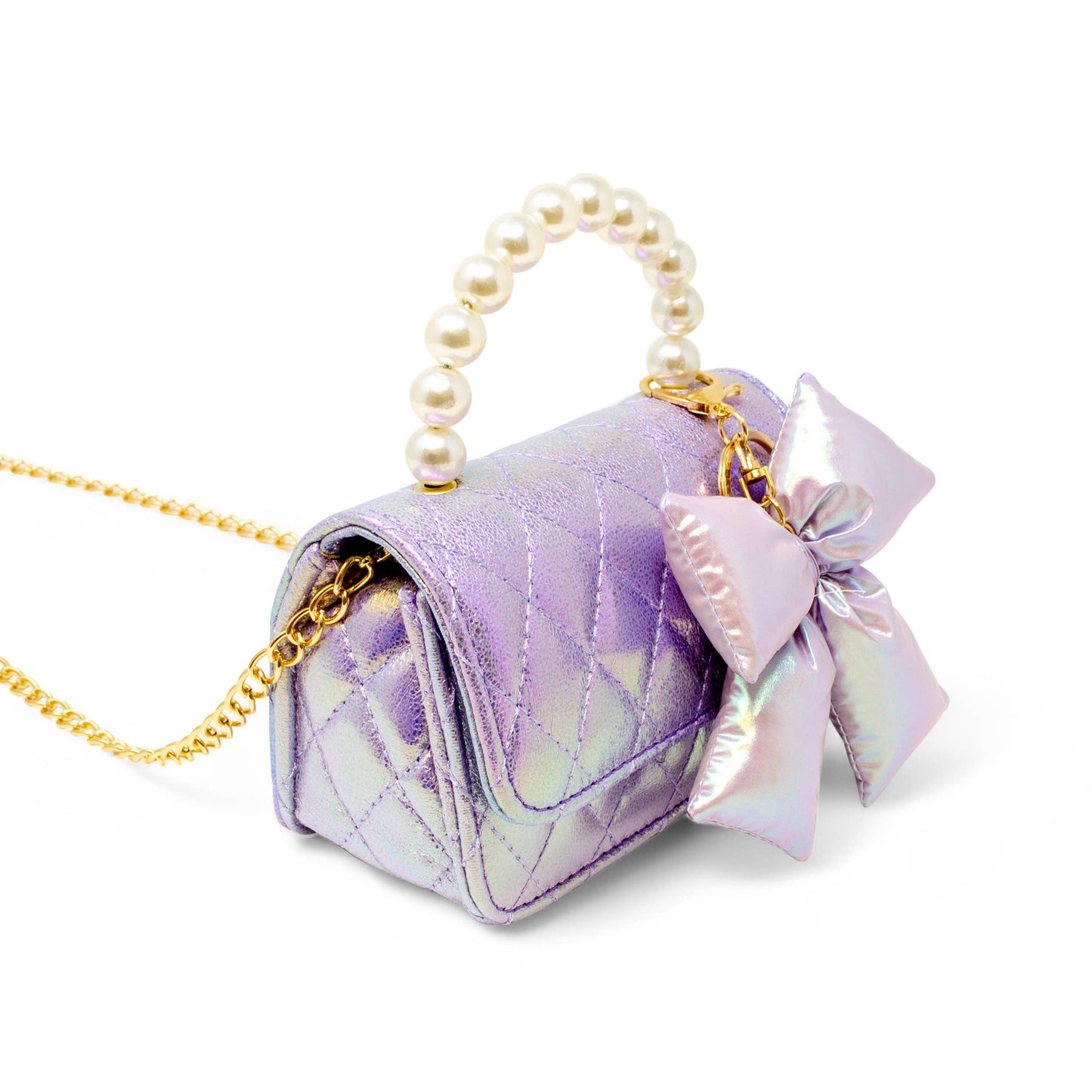 Girls Shiny Quilted Fluffy Bow Handbag: Purple
