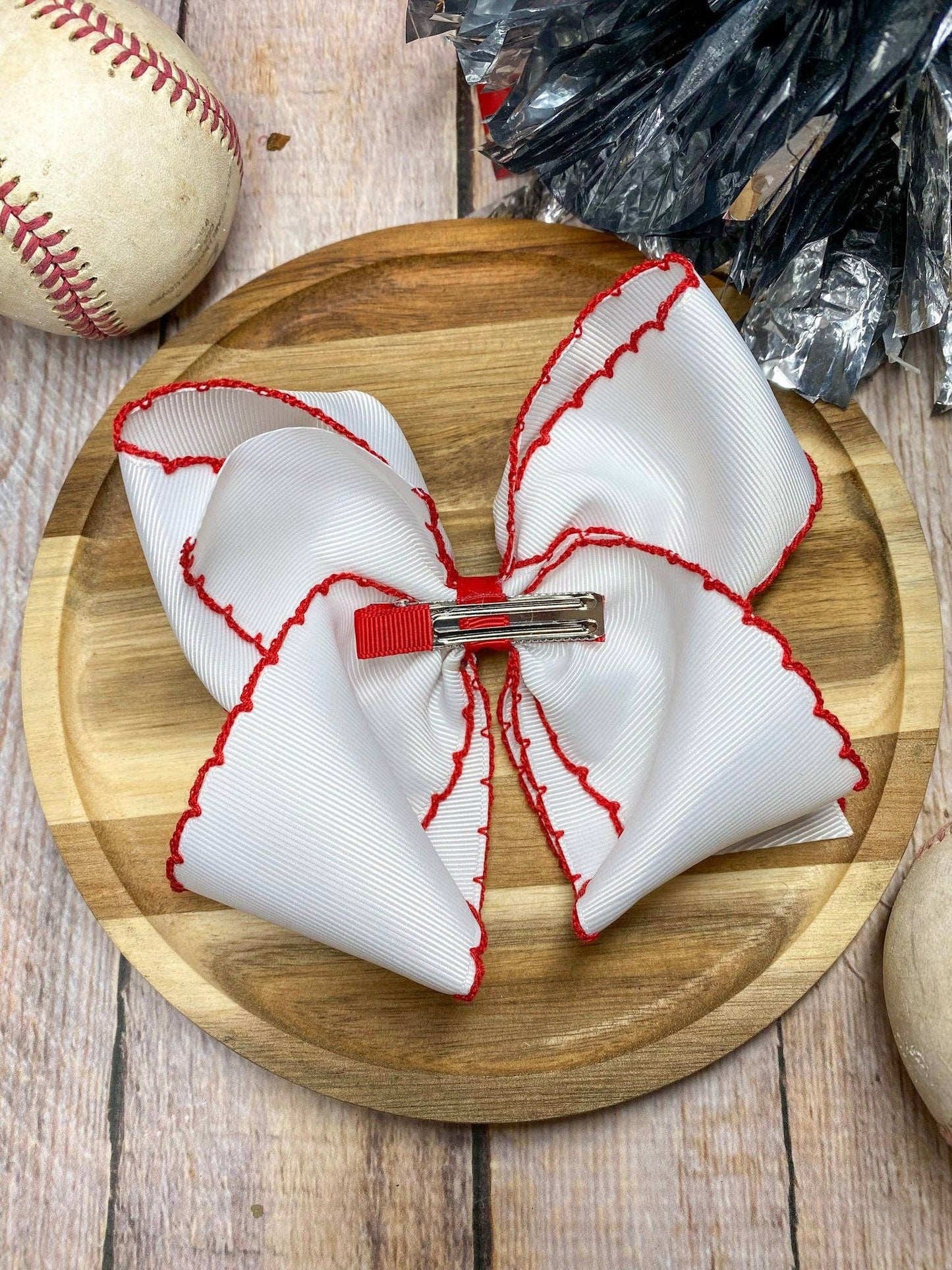 Baseball Moonstitch Embroidered Girls Hair Bow