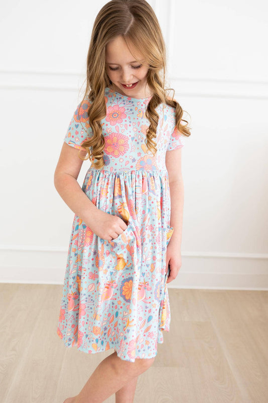 Blue and Pink Retro Unicorns Girls Pocket Twirl Dress