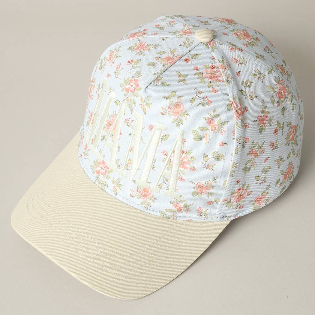 MAMA Women's Embroidered Flower Pattern Trucker Hat: Blue & Beige