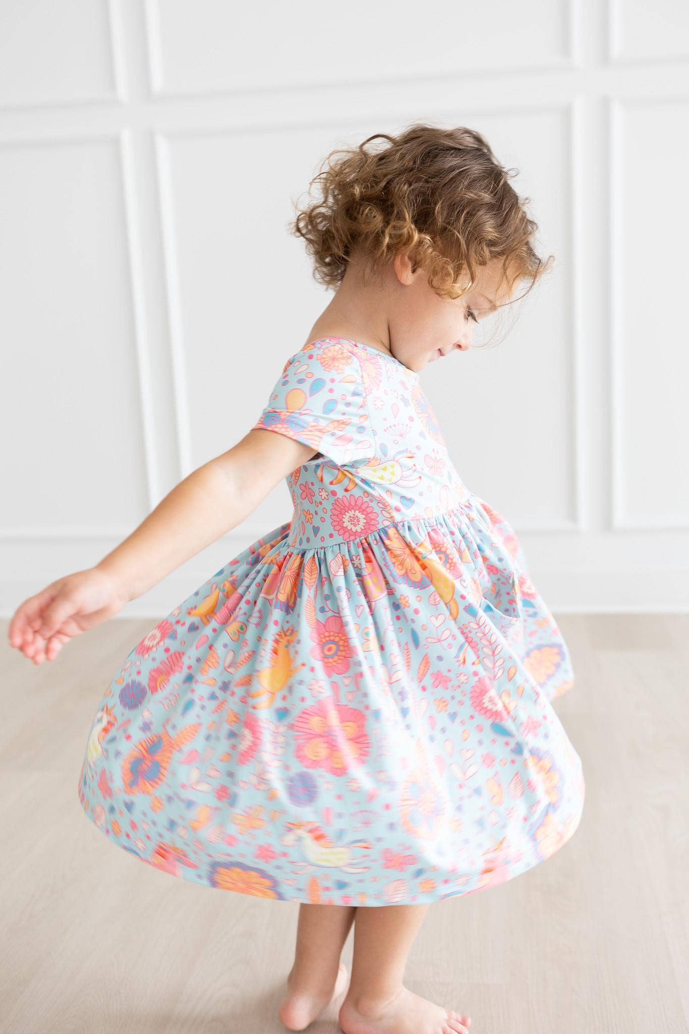 Blue and Pink Retro Unicorns Girls Pocket Twirl Dress