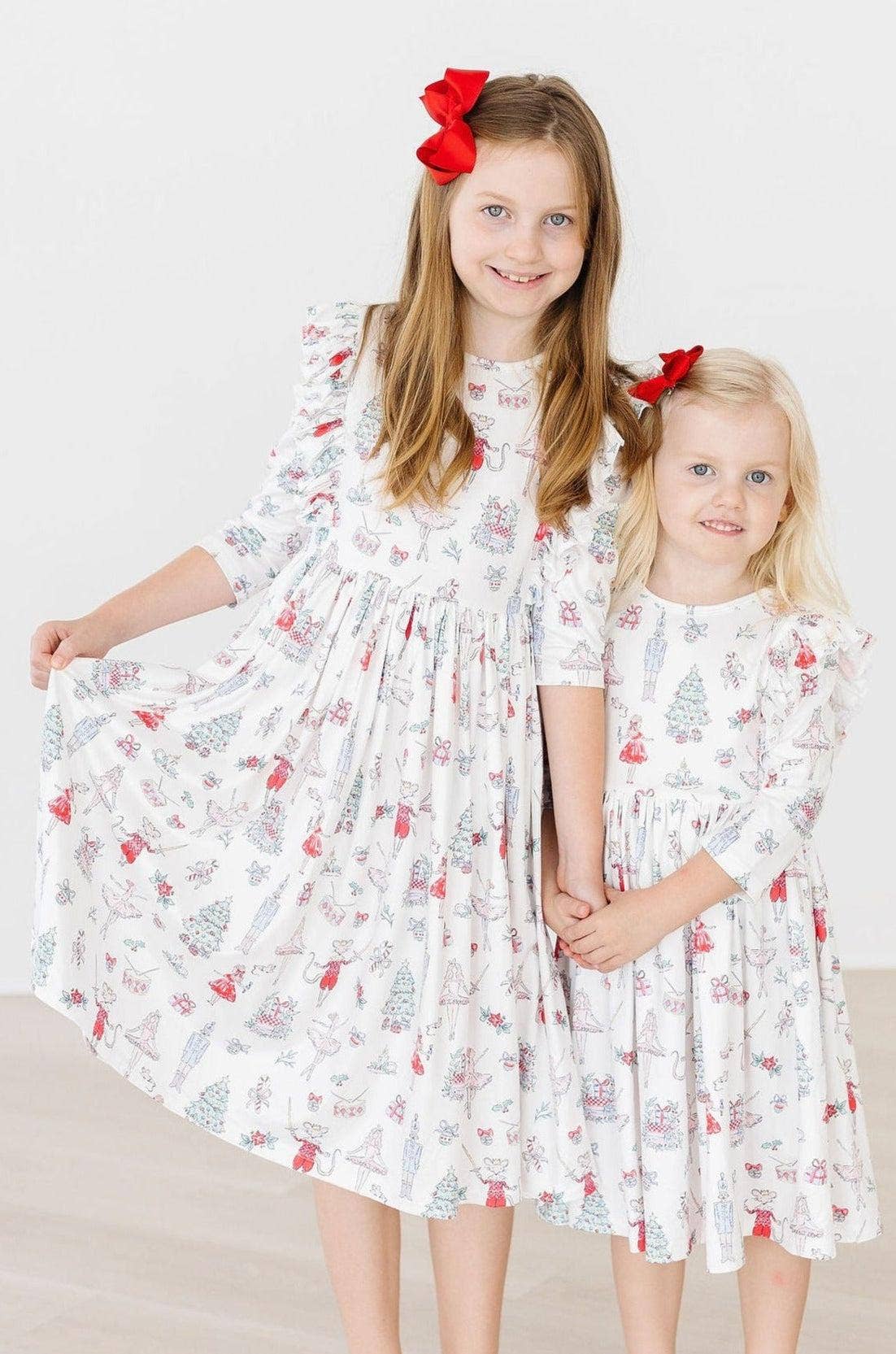 Clara's Christmas 3/4 Sleeve Ruffle Twirl Dress White