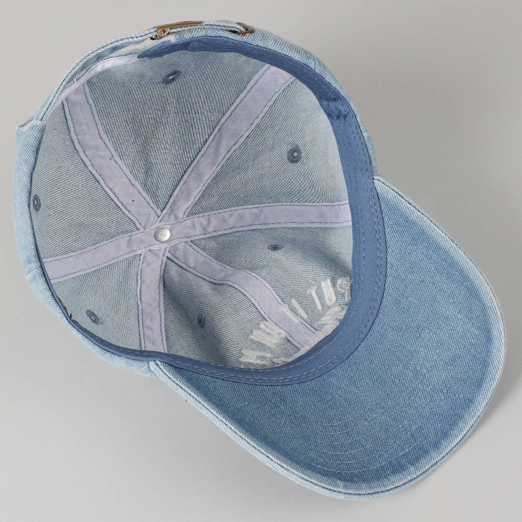 Put It On My Husband's Tab Women's Embroidery Denim Cap: Denim & White