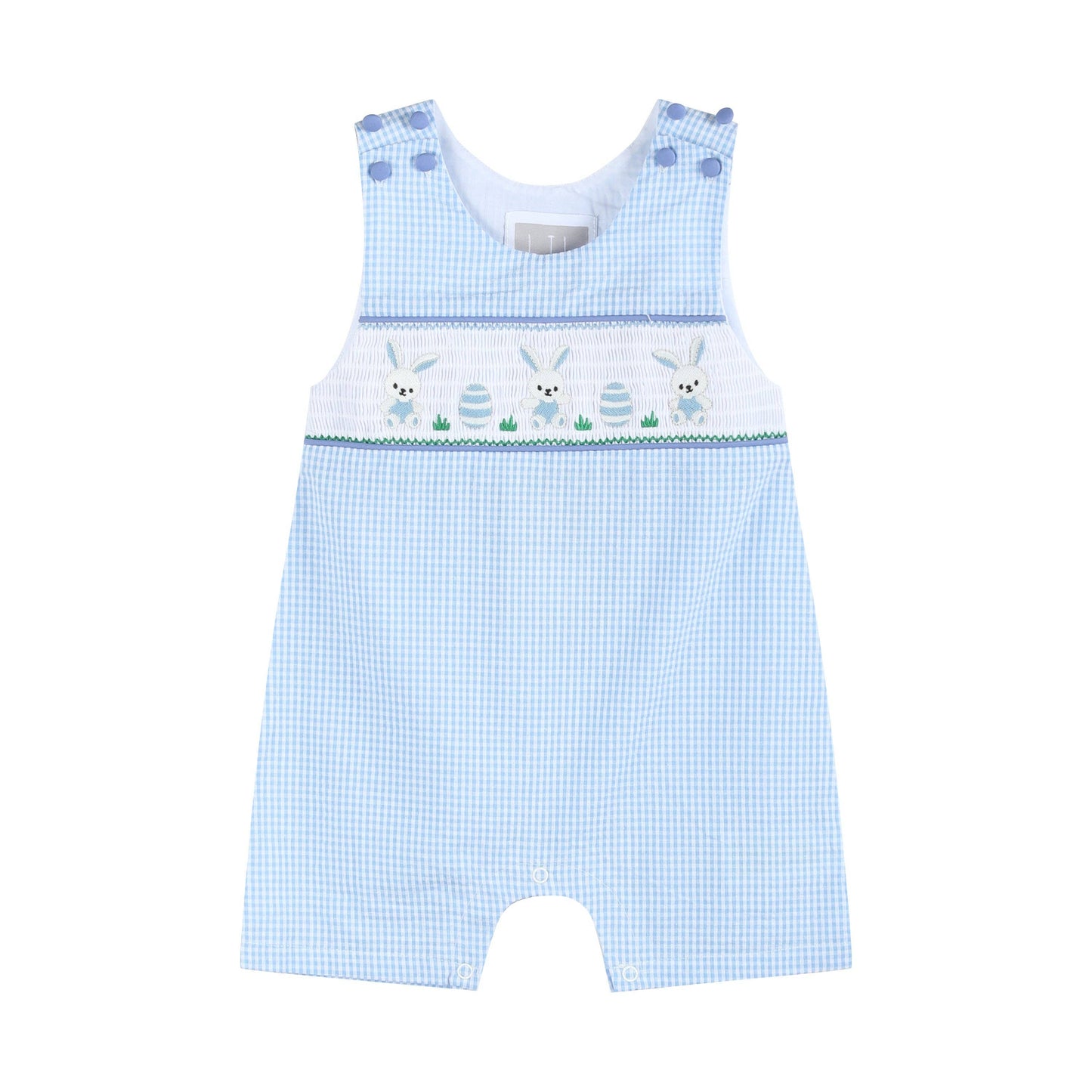 Light Blue Gingham Easter Egg and Bunnies Smocked Boys Overall