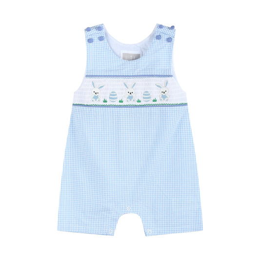 Light Blue Gingham Easter Egg and Bunnies Smocked Boys Overall