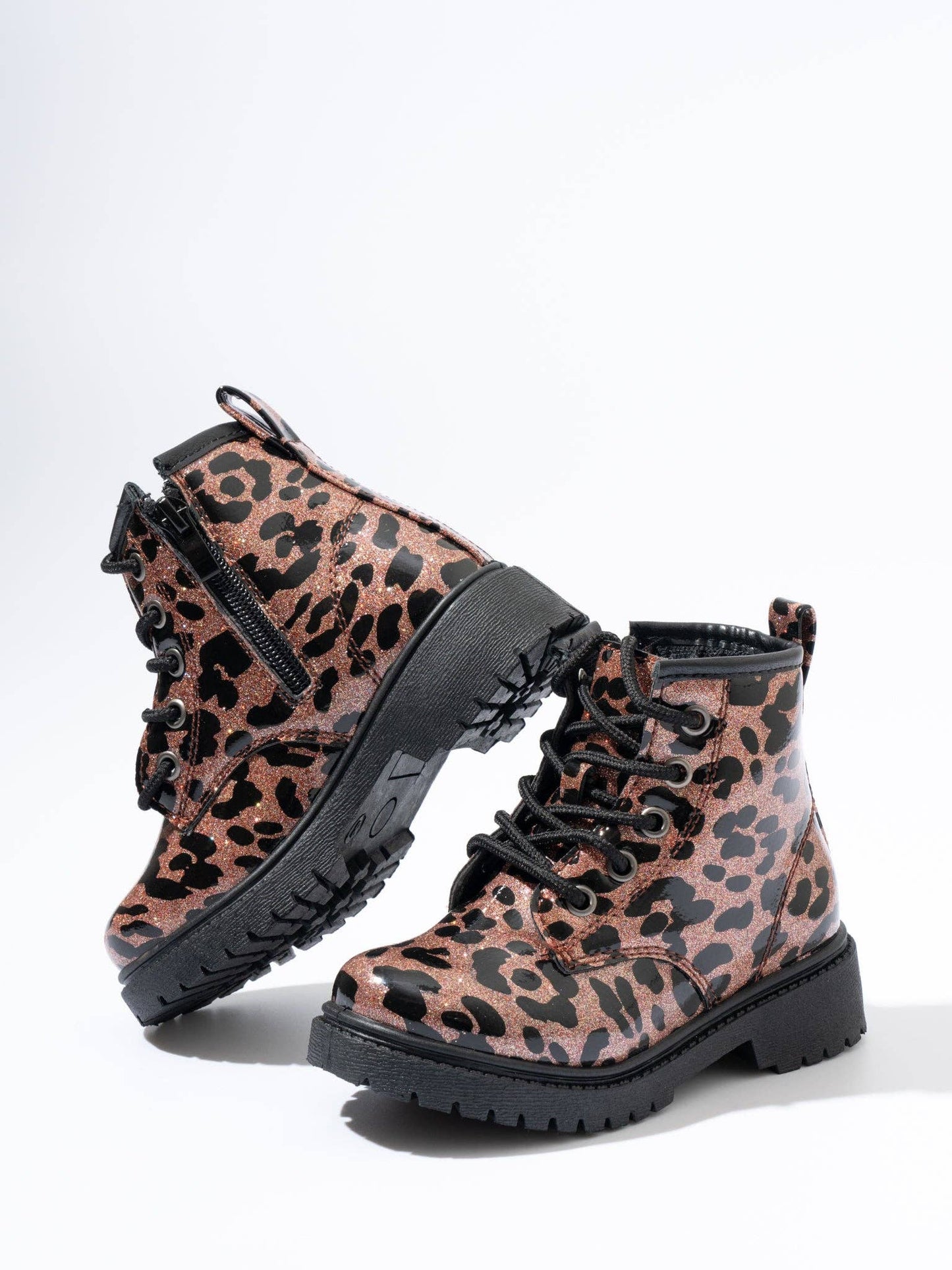 Girls Sparkle Combat Boots: Bronze Leopard Print