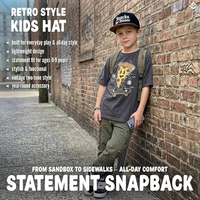Kids Flat Brim Snacks For Dinner Hat- Black/Faux Leather