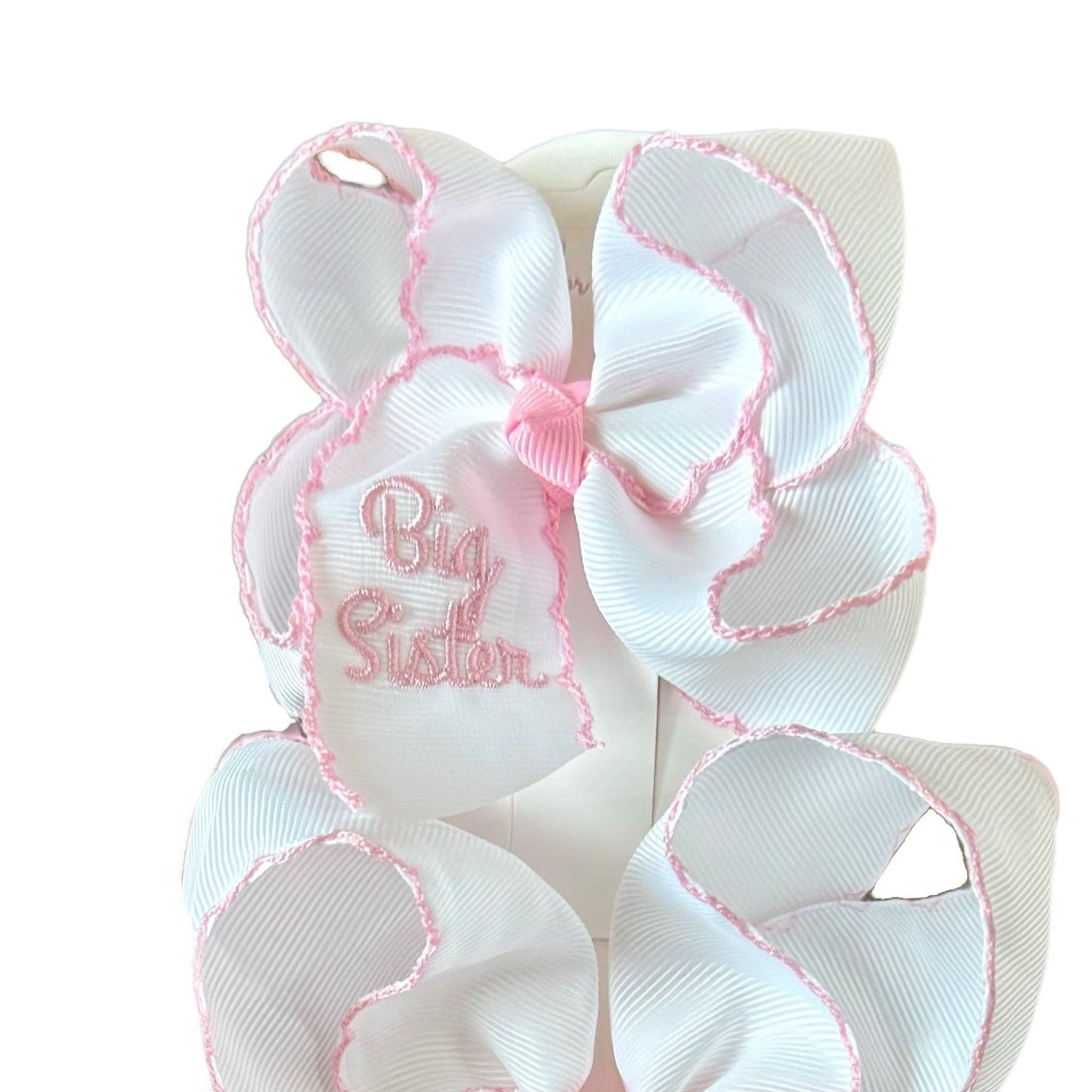 Big Sister Embroidered Moonstitch Hair Bow: Pink / 5.5 inch