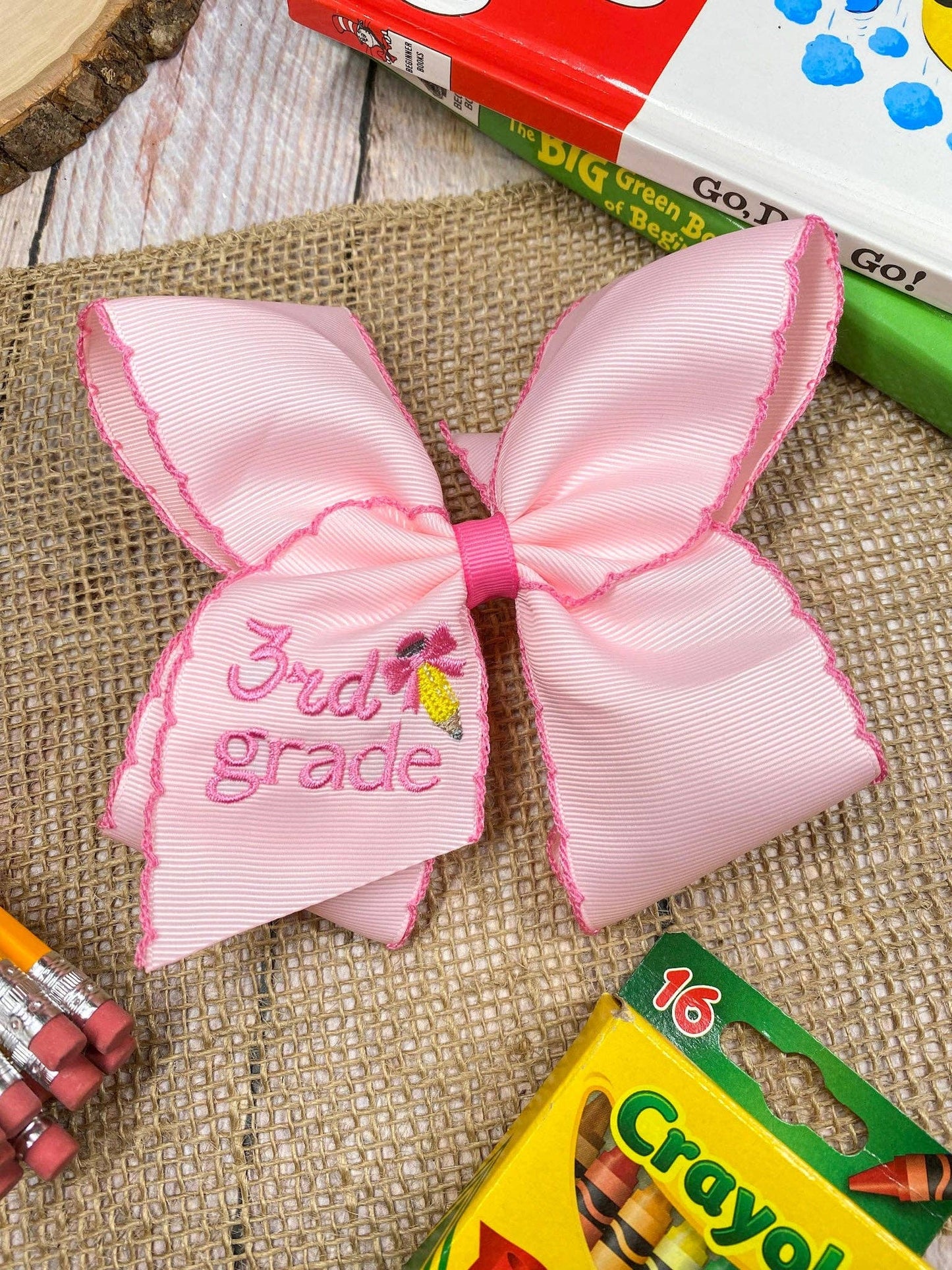 Pink First Grade Embroidered Moonstitch Hair Bow: 1st Grade