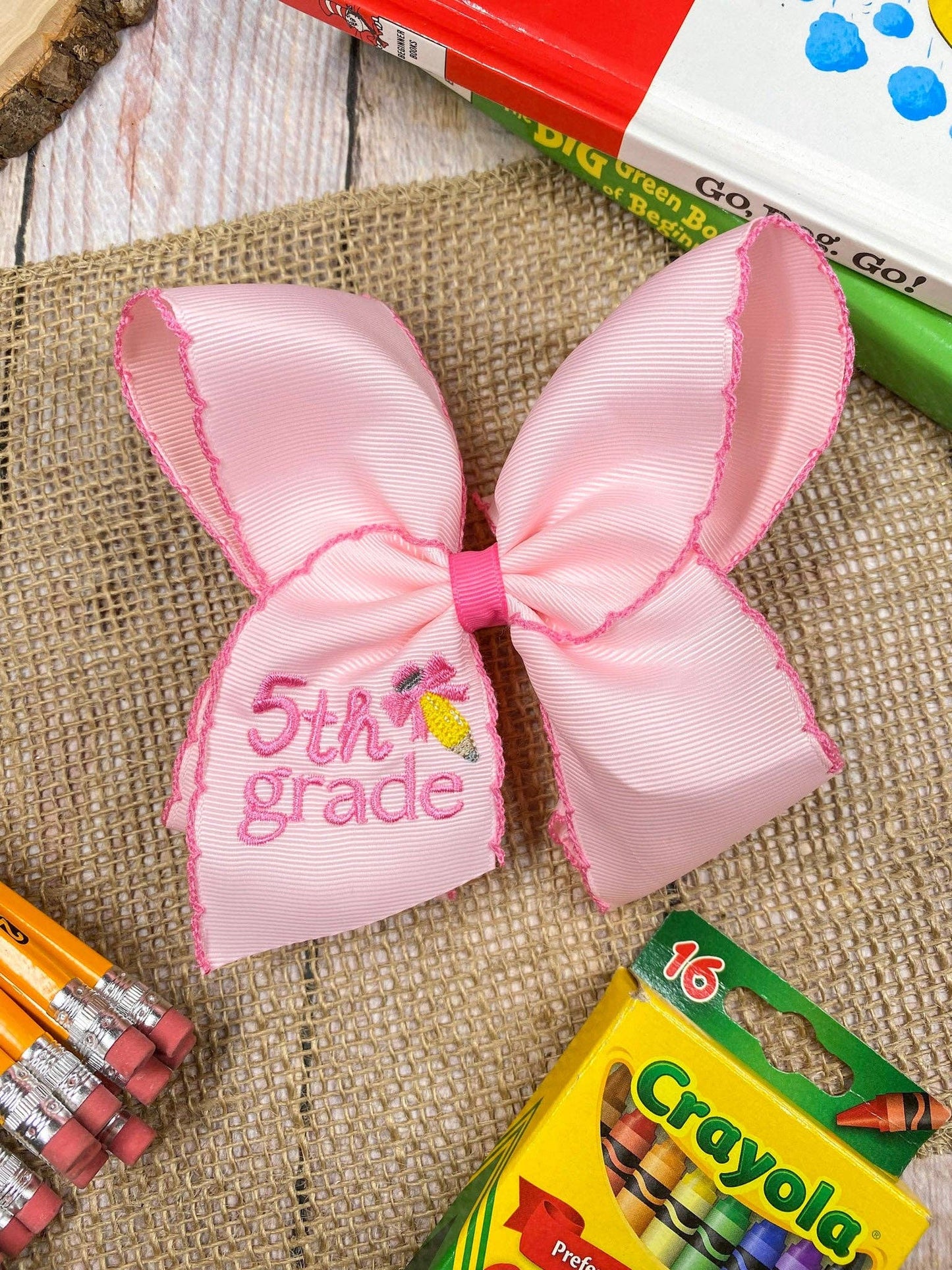 Pink Pre-K School Grade Embroidered Moonstitch Hair Bow: Pre-K