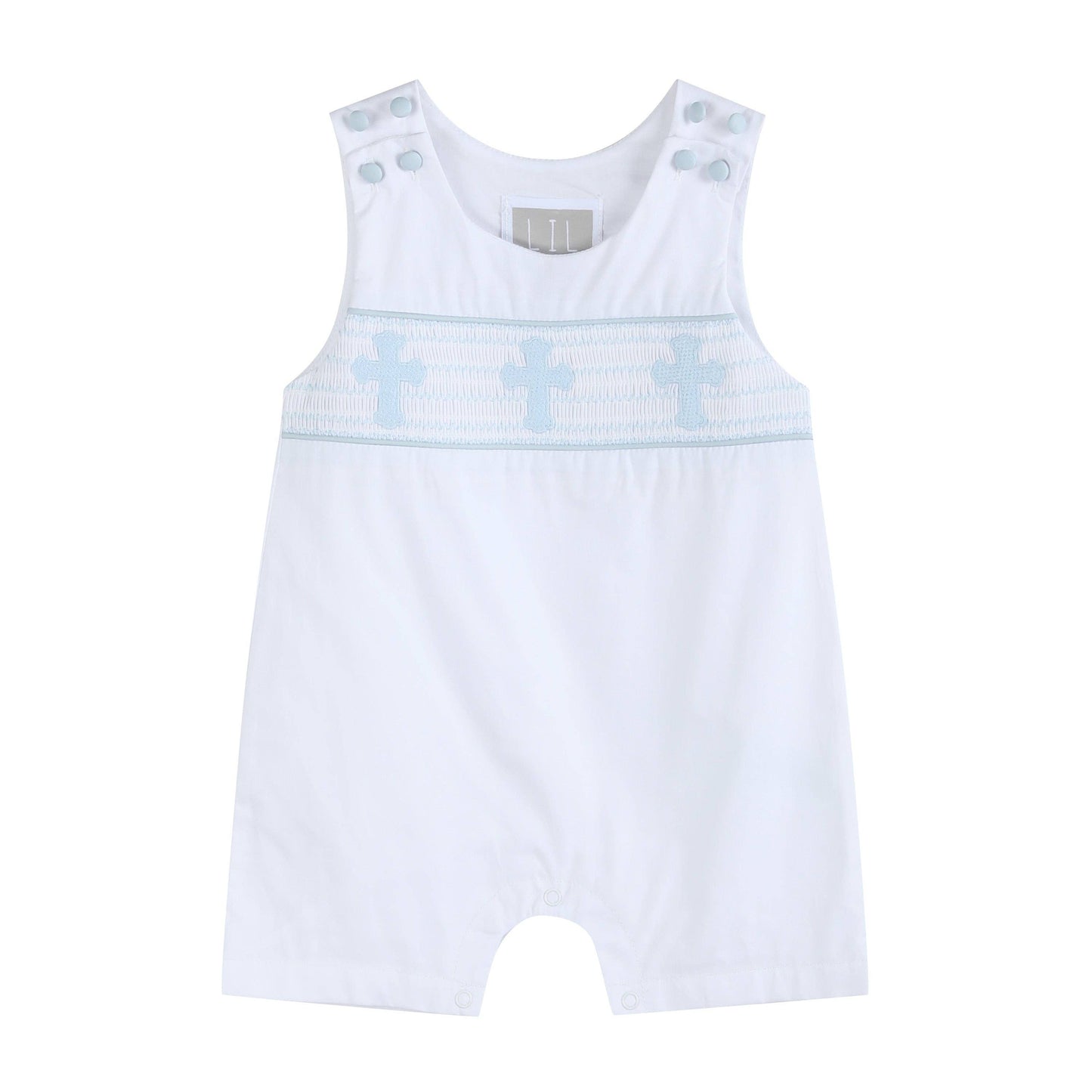 White and Blue Holy Crosses Smocked Boys Overalls