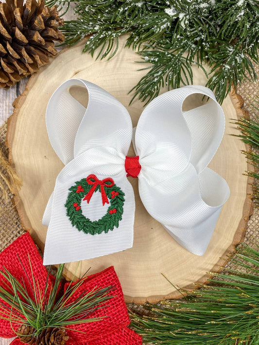Wreath Embroidered Christmas Hair Bow