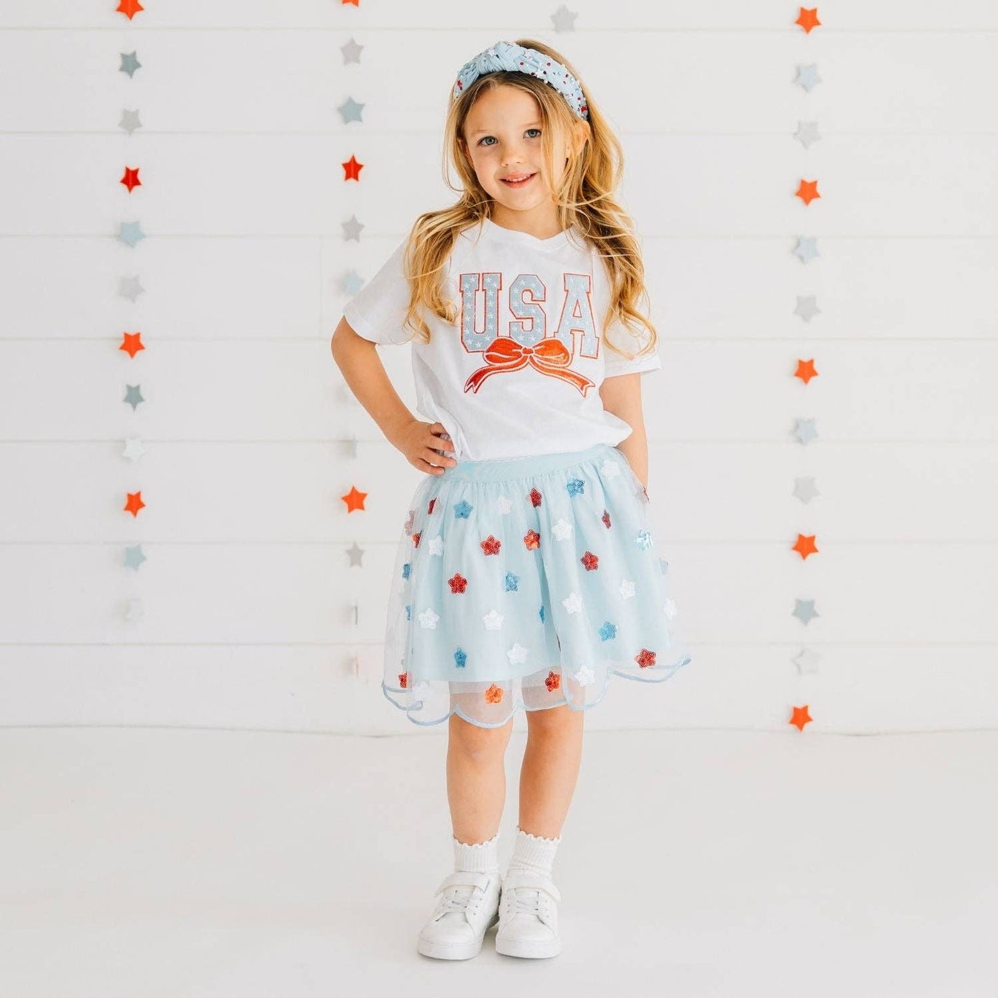 USA Stars & Bow Patch Short Sleeve Girls T-Shirt