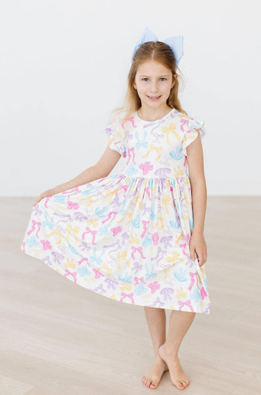 Bow-tastic Flutter Sleeve Girls Twirl Dress