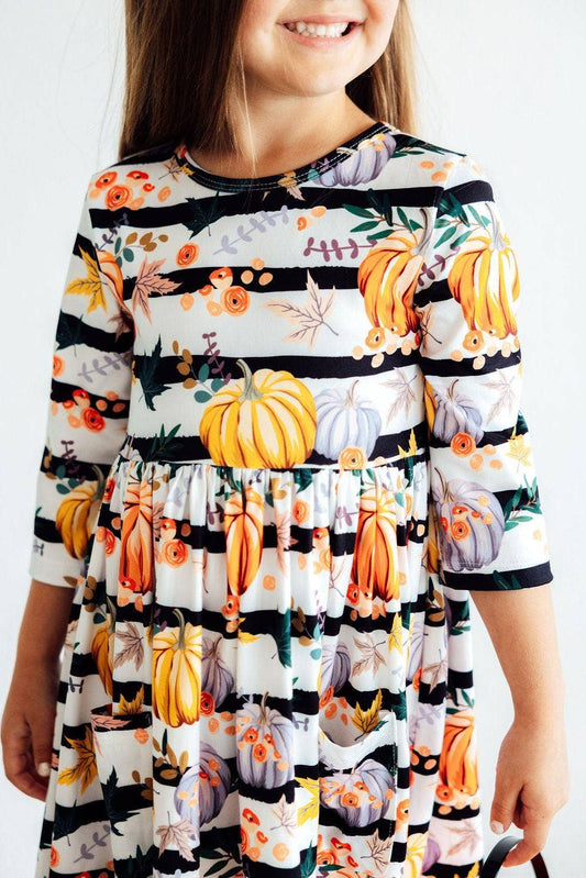 Pumpkins & Peonies 3/4 Sleeve Pocket Girls Twirl Dress