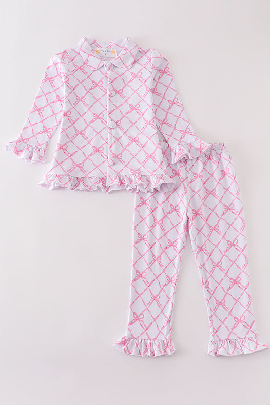 Pretty in Pink Bow Girls Ruffled Pajama Set